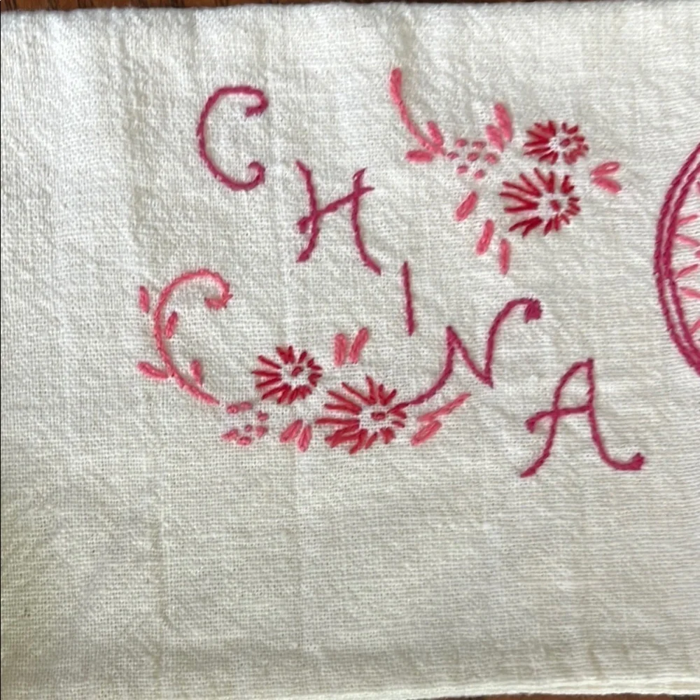 Embroidered China Tea Towel Cream Red and Pink